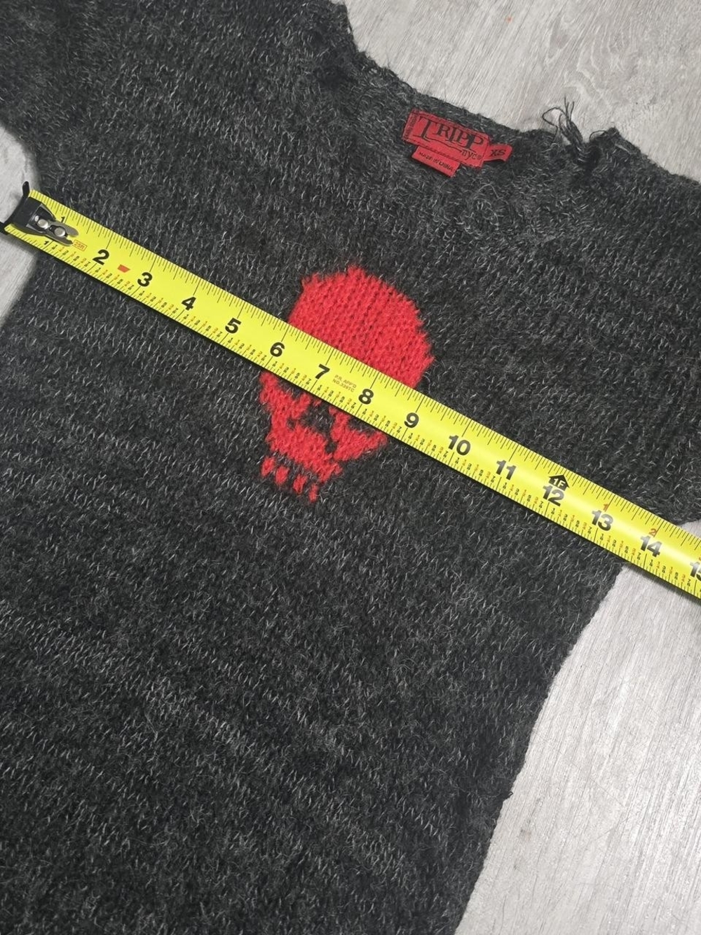 Vintage Y2K Tripp NYC Skull Grey/Red Mohair Knit Sweater RARE Size XS - Picture 4 of 8